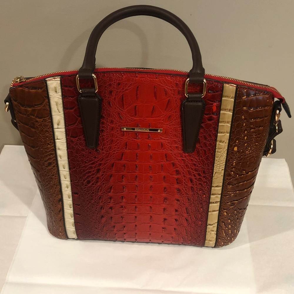 Brahmin Red and Brown Crocodile-Embossed Satchel